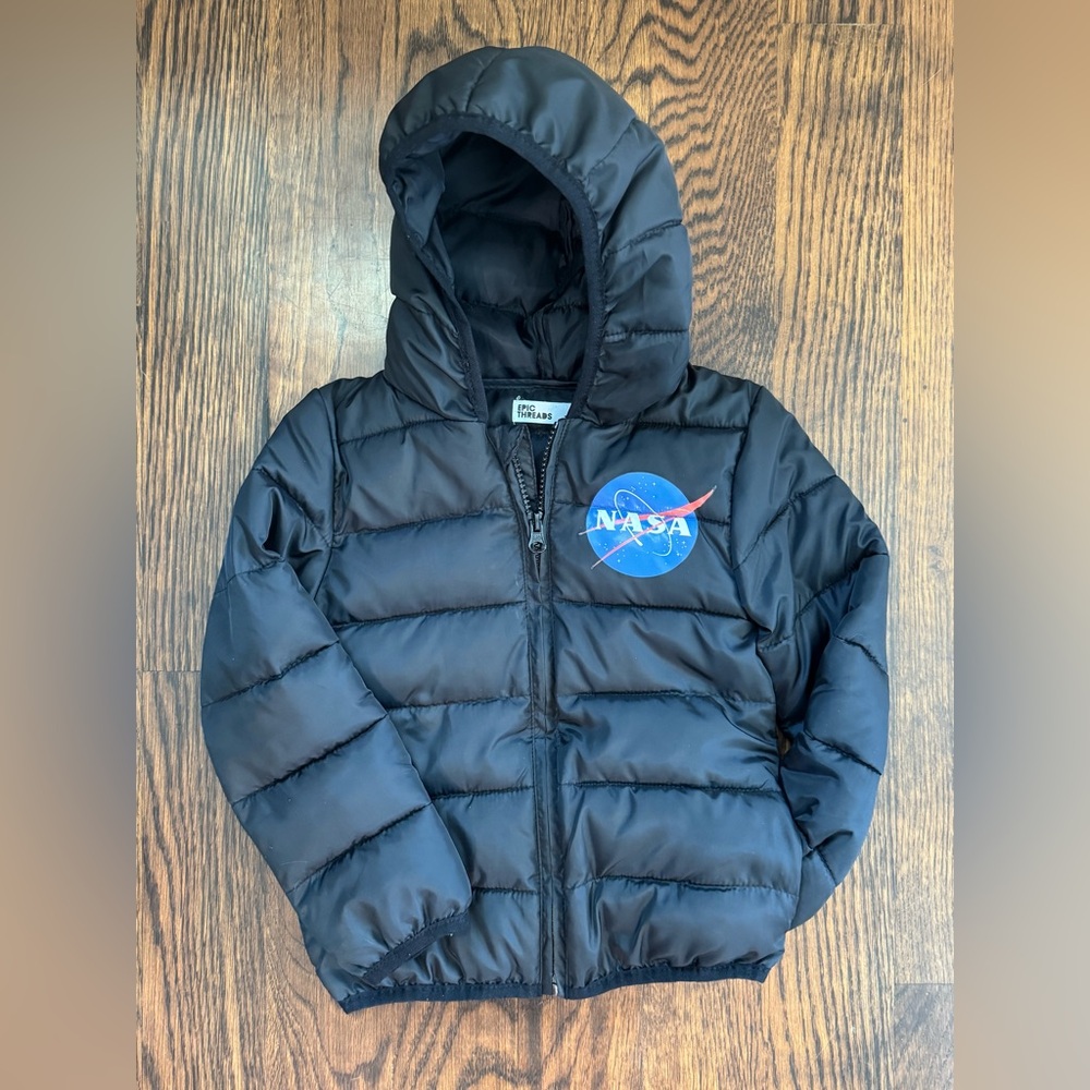 Epic Threads Black Puffer Jacket with NASA Patch